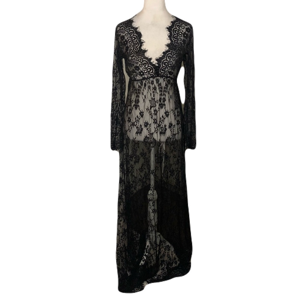 Black Small V Neck Sheer Long Sleeve Lace Eyelash Lace Trim Maxi Gown Whimsigoth